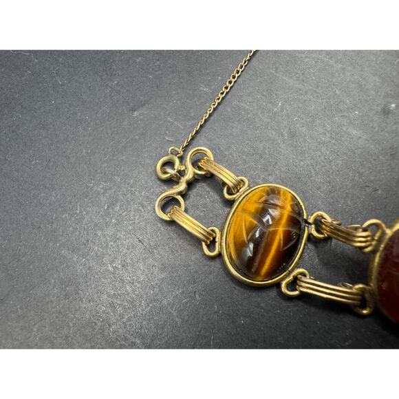 Vintage Signed 12k Gold Filled Multi Gemstone Cabochon Carved Scarab Bracelet 7" - Picture 6 of 11